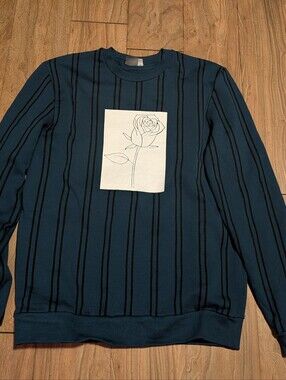 ASOS Teal Crewneck Sweater with Black Stripes and White Rose Patch